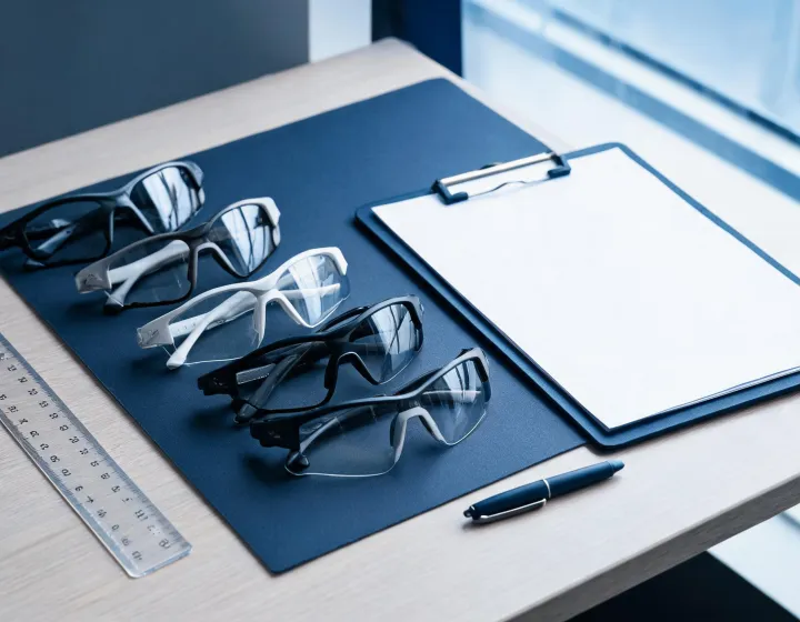 Custom sports glasses on a buyer briefing desk with millimetre callouts